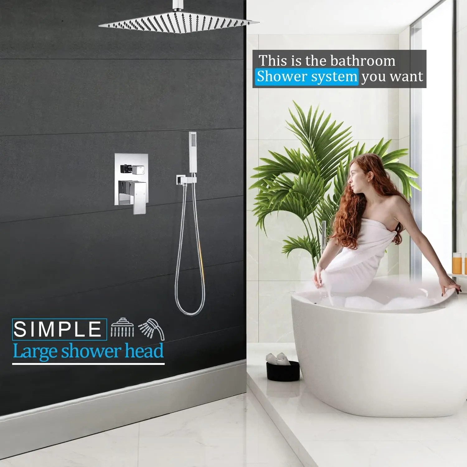 

Delnet Ceiling Mount Rain Shower System, Shower Faucet Set with 16 Inch High Pressure Overhead Rain Shower Head and Handheld