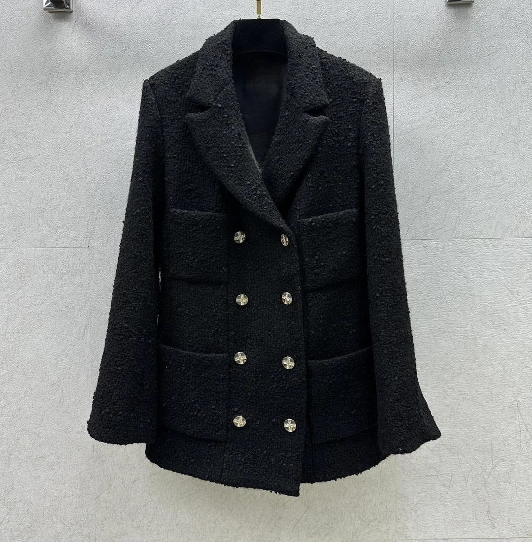 Brand New 2023 Autumn Winter Fashion Women High Quality Wool-blend Double-breasted Black Tweed Coat Pockets Blazers Jackets C579