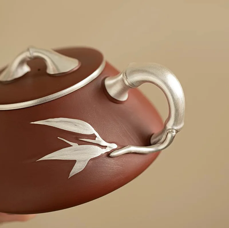 Chinese Style Silvering Bamboo Pattern Teapot, Purple Clay Raw Ore Dahongpao, Kung Fu Household, Handmade, 230ml, Pots, New, 1Pc