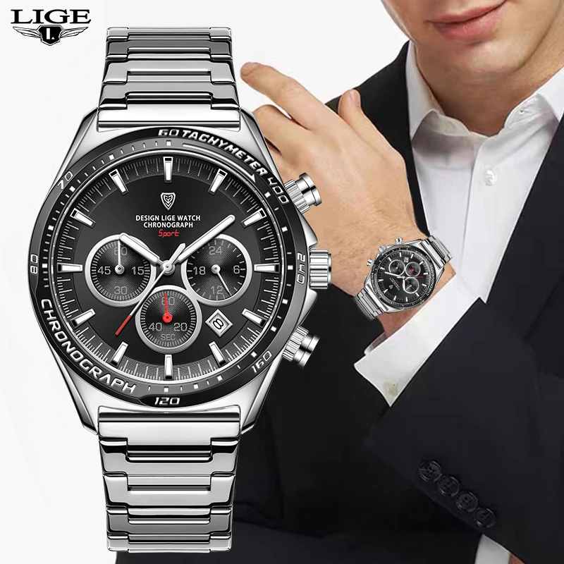 

LIGE Top Brand Luxury Quartz Men Watch Fashion Waterproof Lumoinous Calendar Man Wristwatch Stainless Steel Band Auto Date Clock