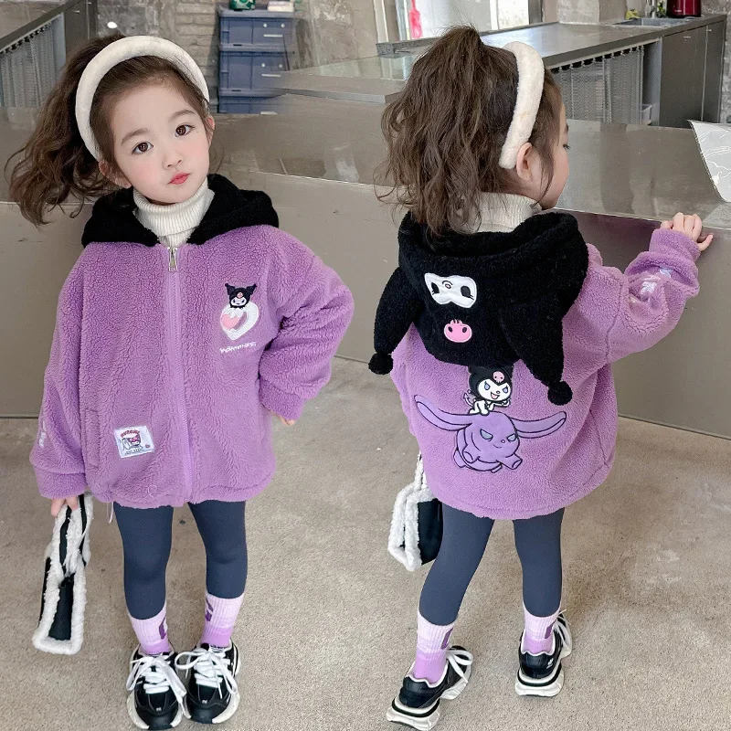 

Kids Sanrio Kuromi Hooded Kawaii Girls Jacket Cartoon Long Sleeve Top Autumn Winter Outwear Clothing Thickened Coat Children Gif