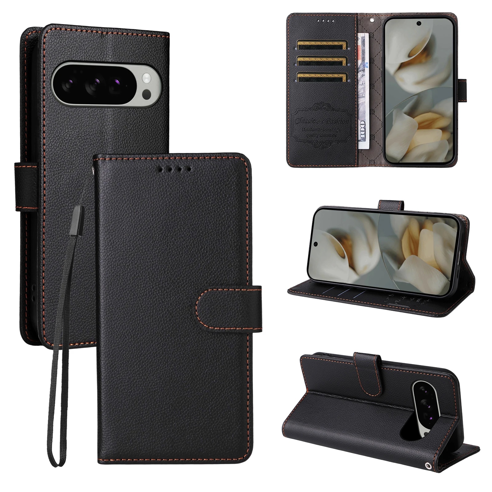 Luxury Litchi Pattern RFID Blocking Wallet Leather Case with Magnetic Flip Cover