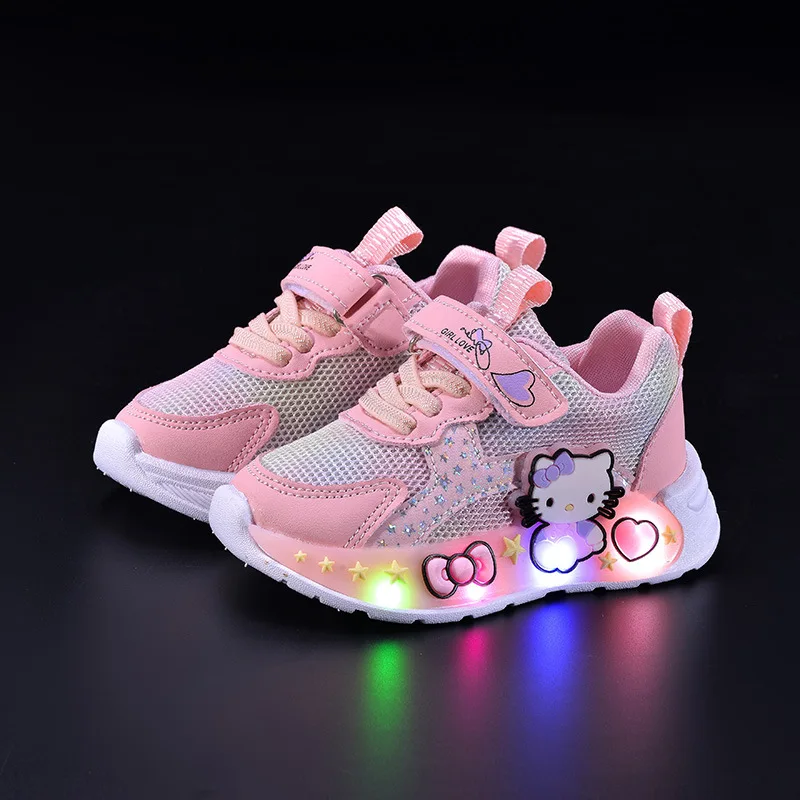 Kids'Casual Shoes Girls Led Light Cartoon PU Leather Spring Fashion Flat Bottom Shoes Breathable Pink Purple Size 21-30