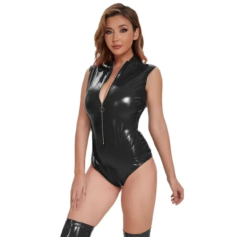 Women Sleeveless Latex Bodysuit Zipper Half Open Stretch Slim Fit Rompers Female Nightclub Uniform