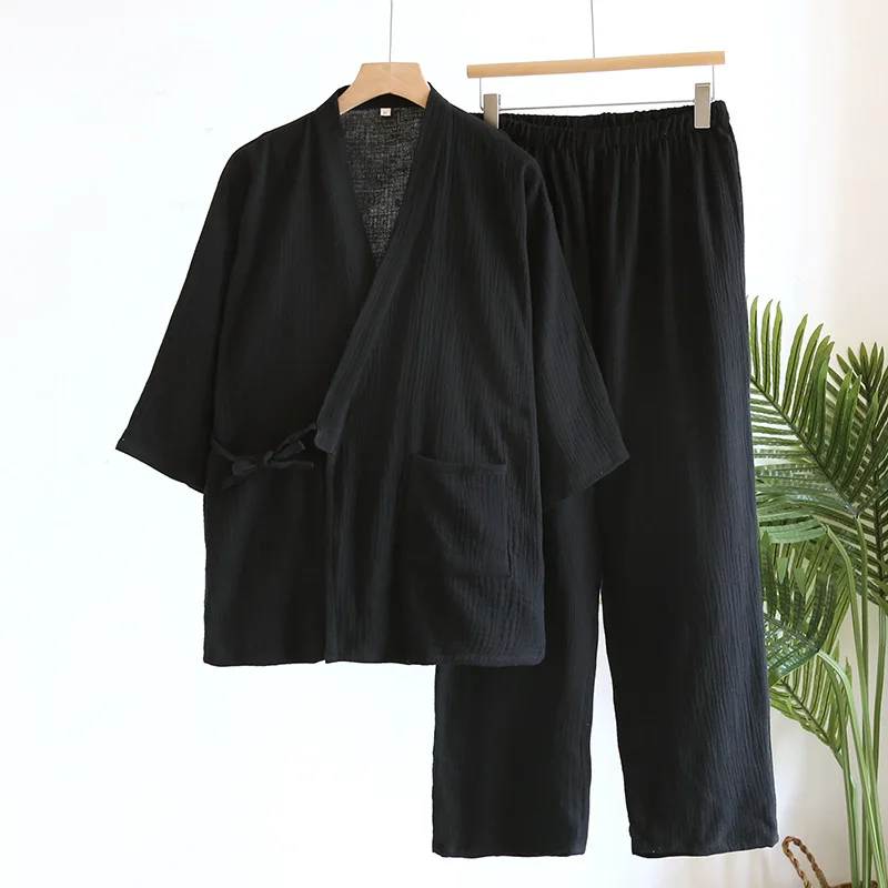 Kimono Robes Large Size with Pocket and Long Pants 2 Pcs Pajamas Set for Men Sleepwear Clothes Cotton Pjamas for Men pajama sets