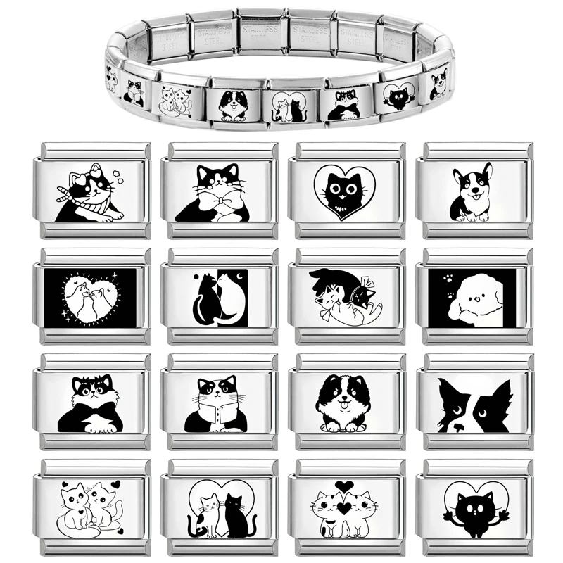 Black Cartoon Cute Cats Dogs Laser Engraving Italian Charm Links 9mm Stainless Steel Bracelet DIY Jewelry Gifts