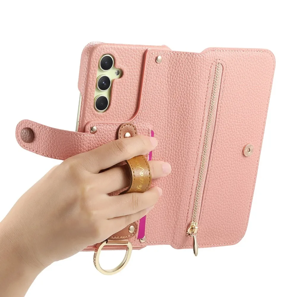 Card Holder Wallet Wrist Strap Ring Flip Phone Case