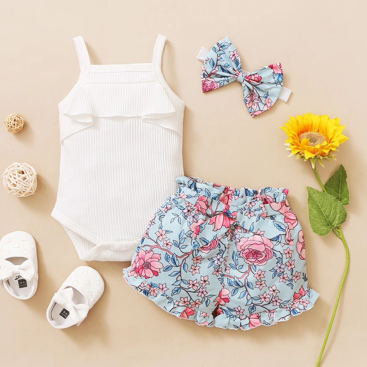 3Pcs Newborn Summer Baby Girls Clothes Set Toddler Button Romper New Born Infant Cute Outfit Ruffle Short Sleeve Shorts Headband newborn baby clothing set Baby Clothing Set