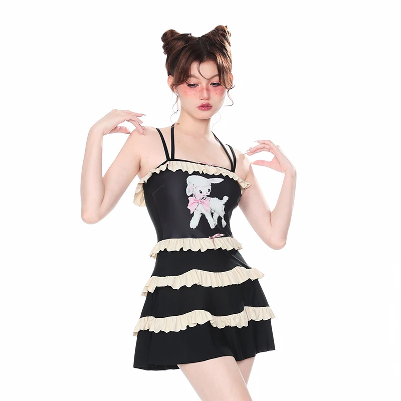 

Women's 2023 NEW One-Pieces Swimsuit Cute Lamb Print Halter Swimming Skirt Lovely Student Hot Spring Swimwear Bathing Suit