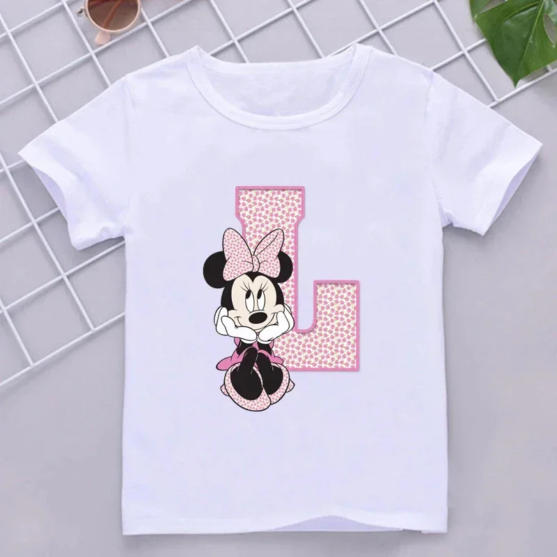 thumbnail image 1 of Camisetas de algodón para niños de Minnie con combinación de letras de la A a la Z y nombres, ropa de dibujos animados de Disney Kawaii, camisetas para niños y niñas, camisetas casuales, 1 of 5