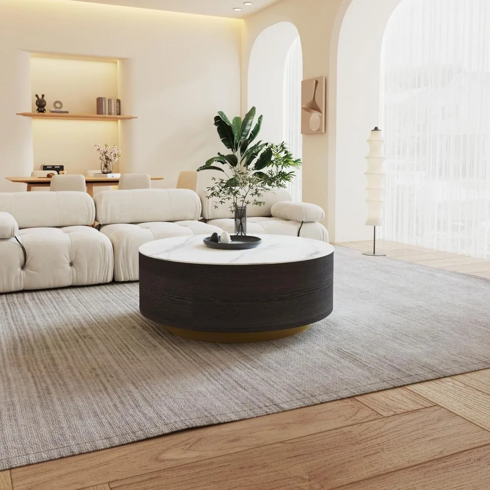 Modern circular coffee table with 2 drawers, stone burning tabletop, living room central table, 33.4-inch coffee table 6