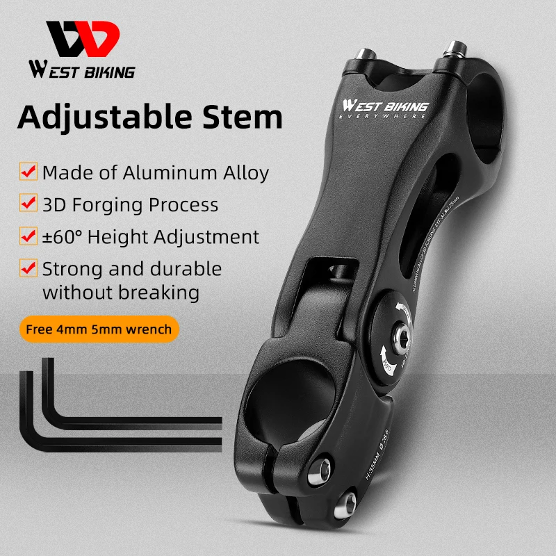 

WEST BIKING Adjustable Bicycle Handlebar Stem Extender Durable Aluminum Alloy Raising Handle Stand 60 Degree Adjustable MTB Stem