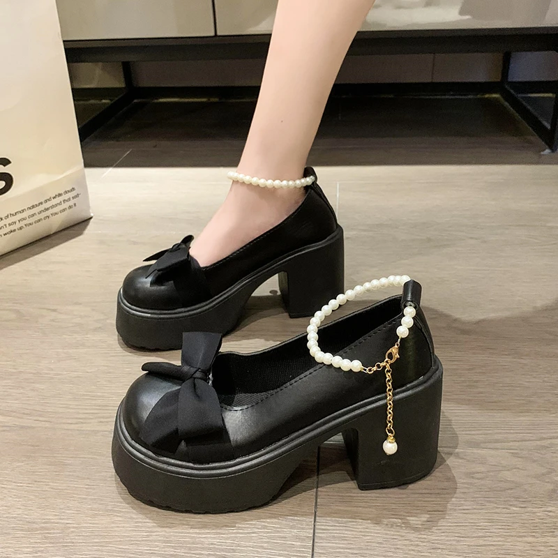 Fashion Women Shiny Patent Leather High Heeled Chunky Pearl Straps