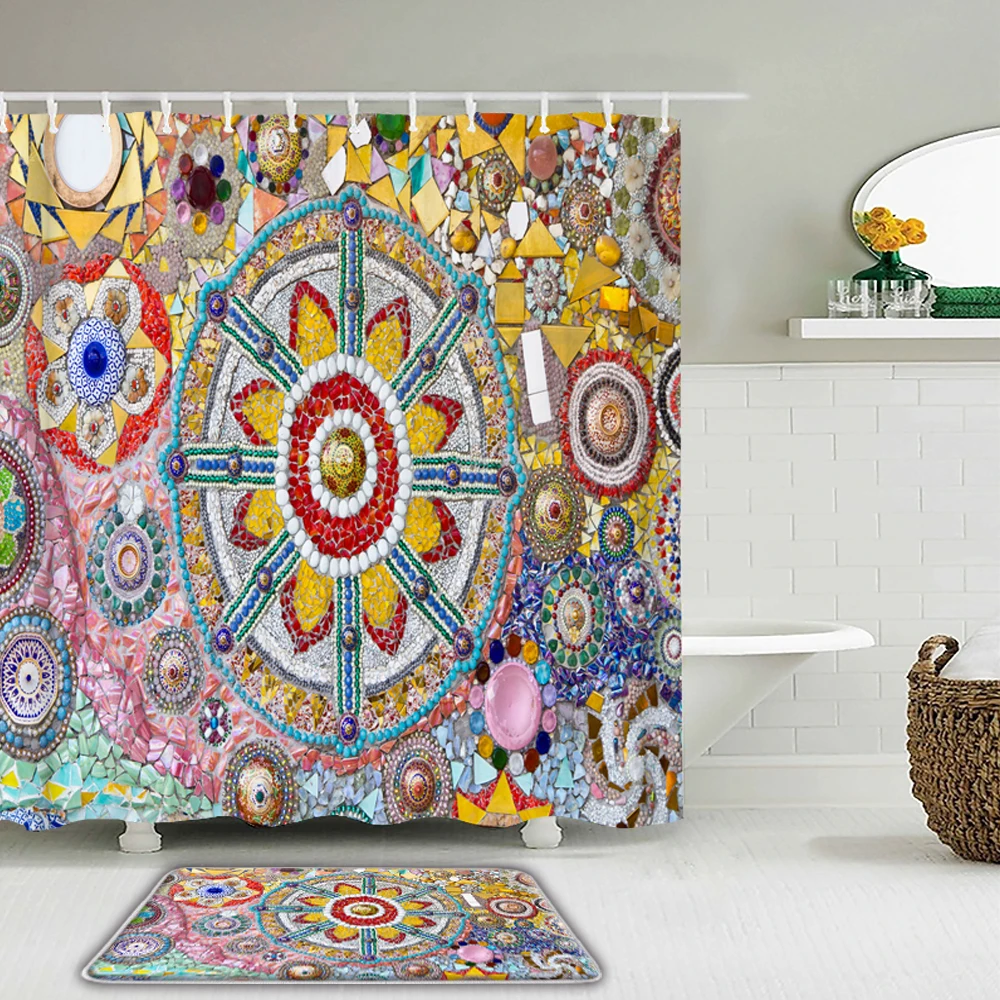 

Retro Colorful Tile Bohemian style Printed Shower Curtain Waterproof Bathroom Curtains Set with Non-slip Mat Rug Toilet Bath Mat