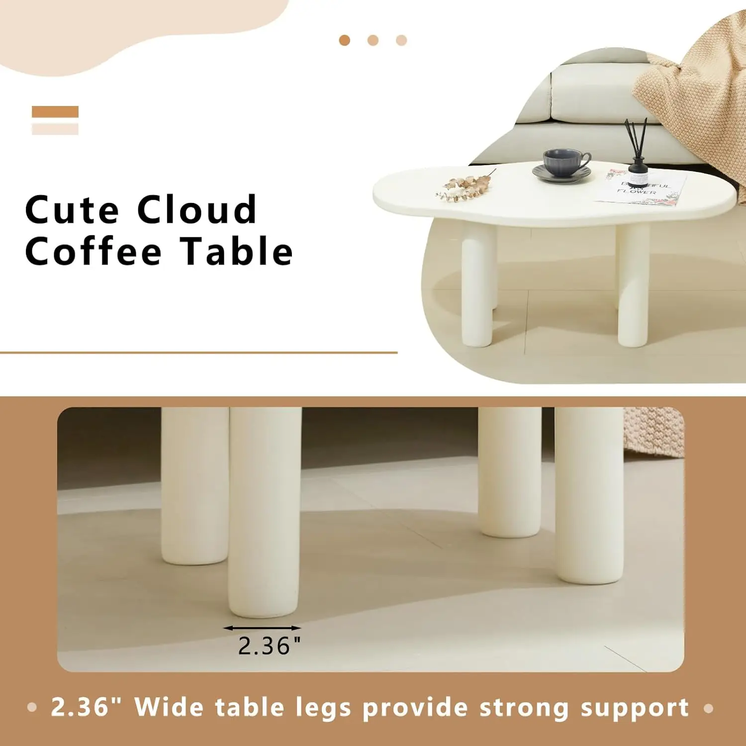 Cloud Coffee Table - Cute Coffee Table - Irregular Shape Coffee Table with 4 Legs - Modern End Table,Easy Assembly-White 4