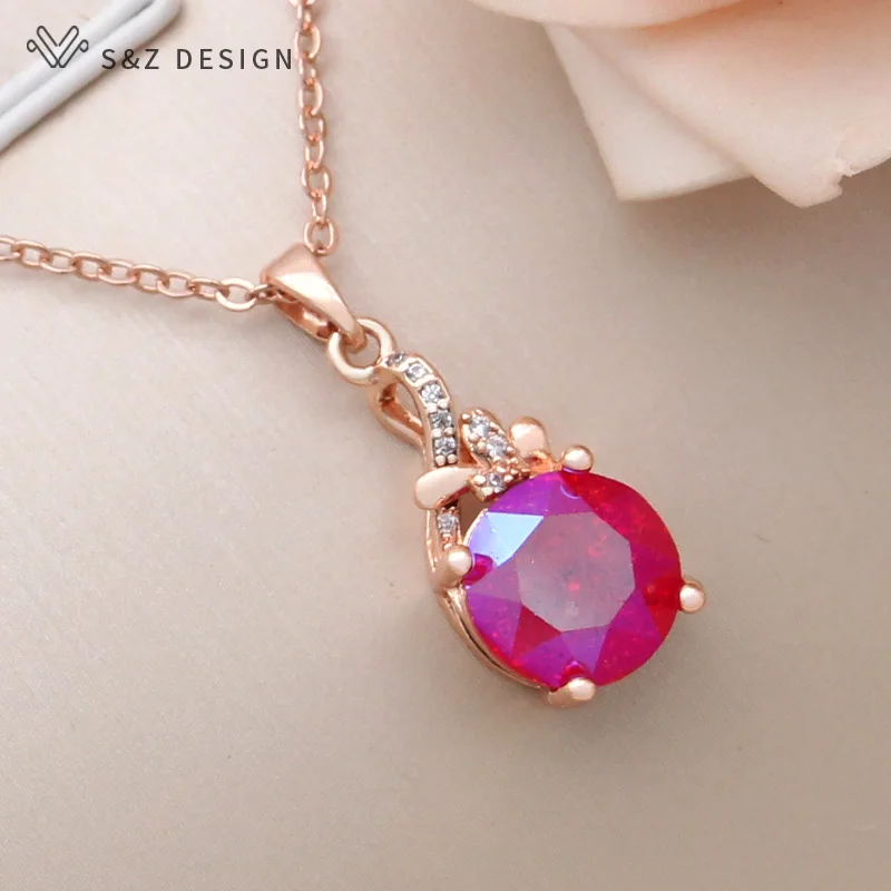 S&Z DESIGN New Fashion Cubic Zirconia 585 Rose Gold Color Round Crystal Pendant Necklace For Women Wedding Party Jewelry Gift