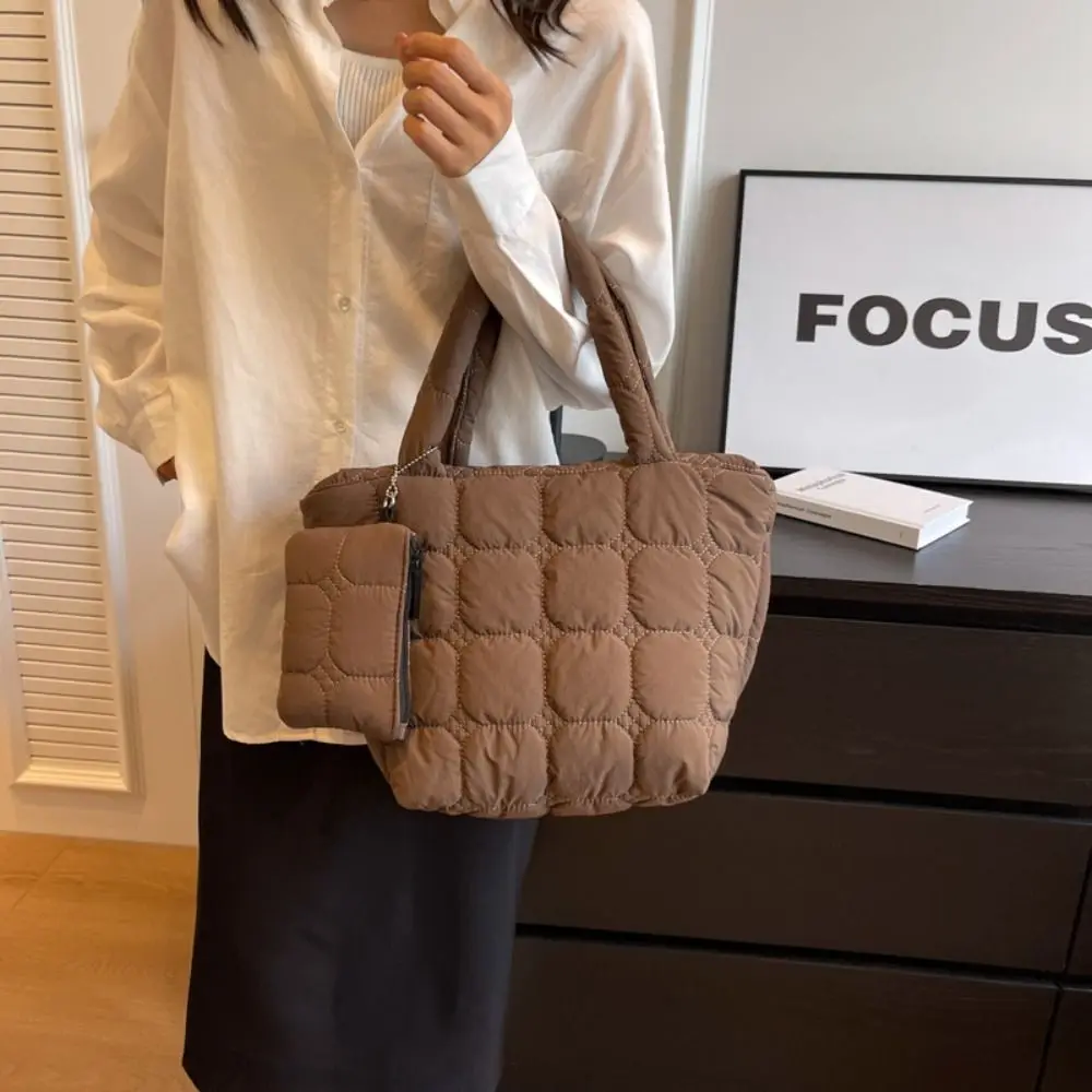 Large Capacity Space Cotton Underarm Bag Plaid Solid Color Handbag with Coin Purse Tote Bag Korean Style Shoulder Bag Girls