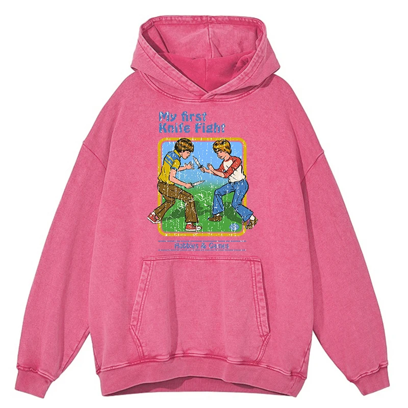 thumbnail image 1 of Sudadera con capucha holgada estilo hip hop para hombre, estilo retro desgastado, lavado con mi primera pelea con cuchillos, cómics divertidos, 100 % algodón, para otoño, 1 of 4
