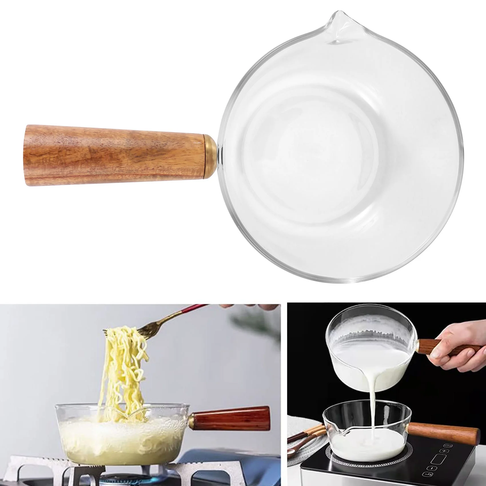 Glass Milk Pot with Wooden Handle 400Ml Cooking Pot for Salad Noodles Gas Stove Cookware 4