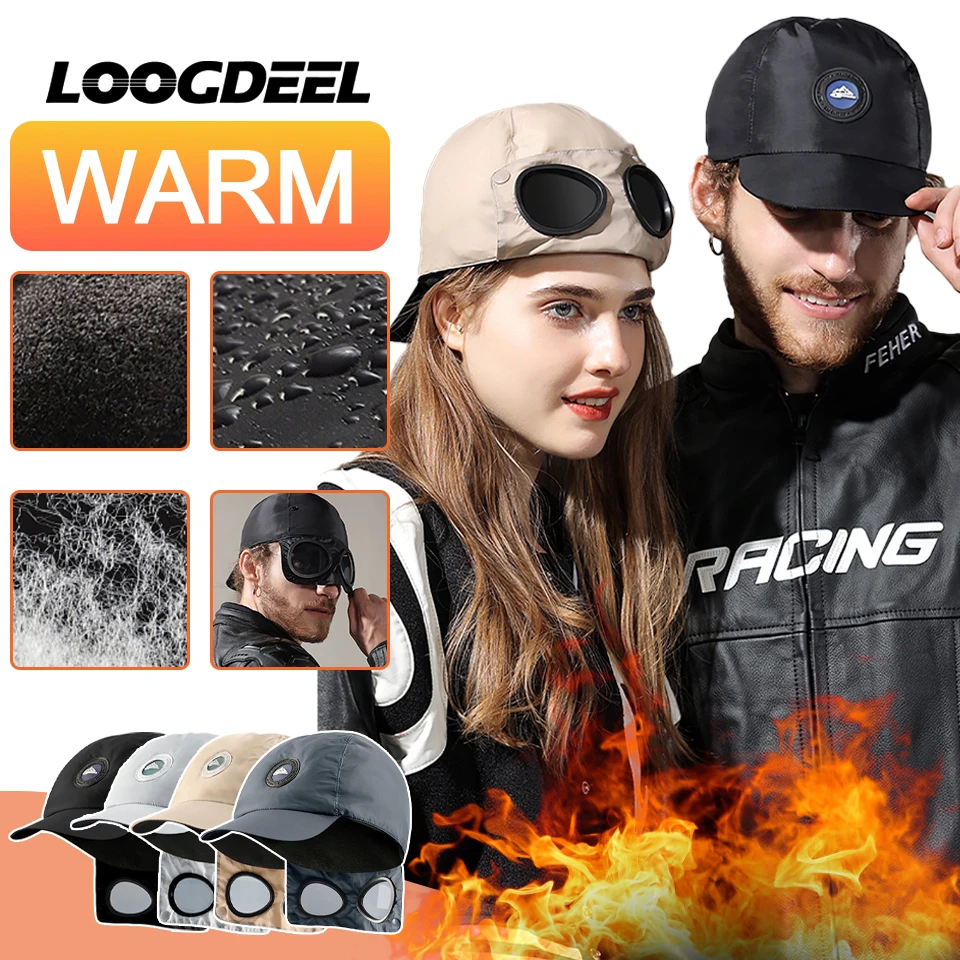 

LOOGDEEL Winter Cycling Warm Hat With Glasses Outdoor Fleece Motorcycle Baseball Cap Men Women Windproof Waterproof Riding Hat