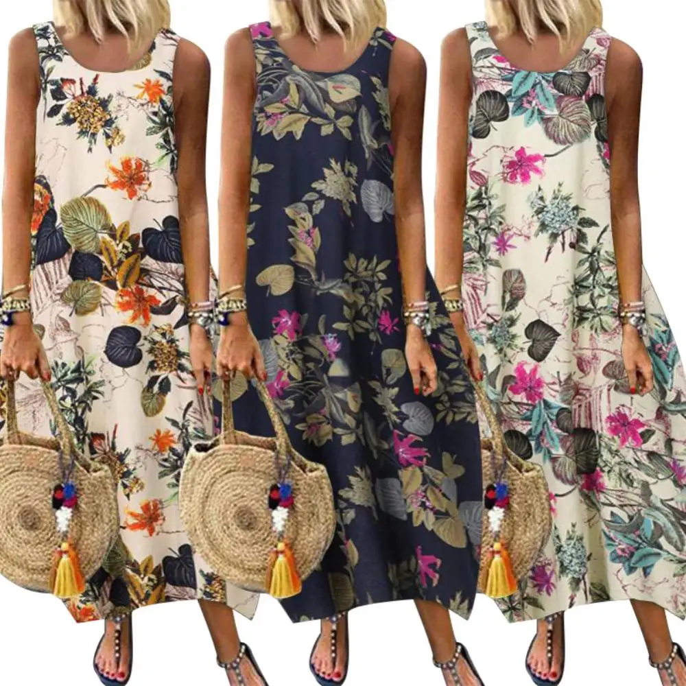 

Dress Floral Print Long Sleeveless O Neck Women Dress Women Dresses Vintage Leaves Cotton Linen Baggy женское платье vestido de