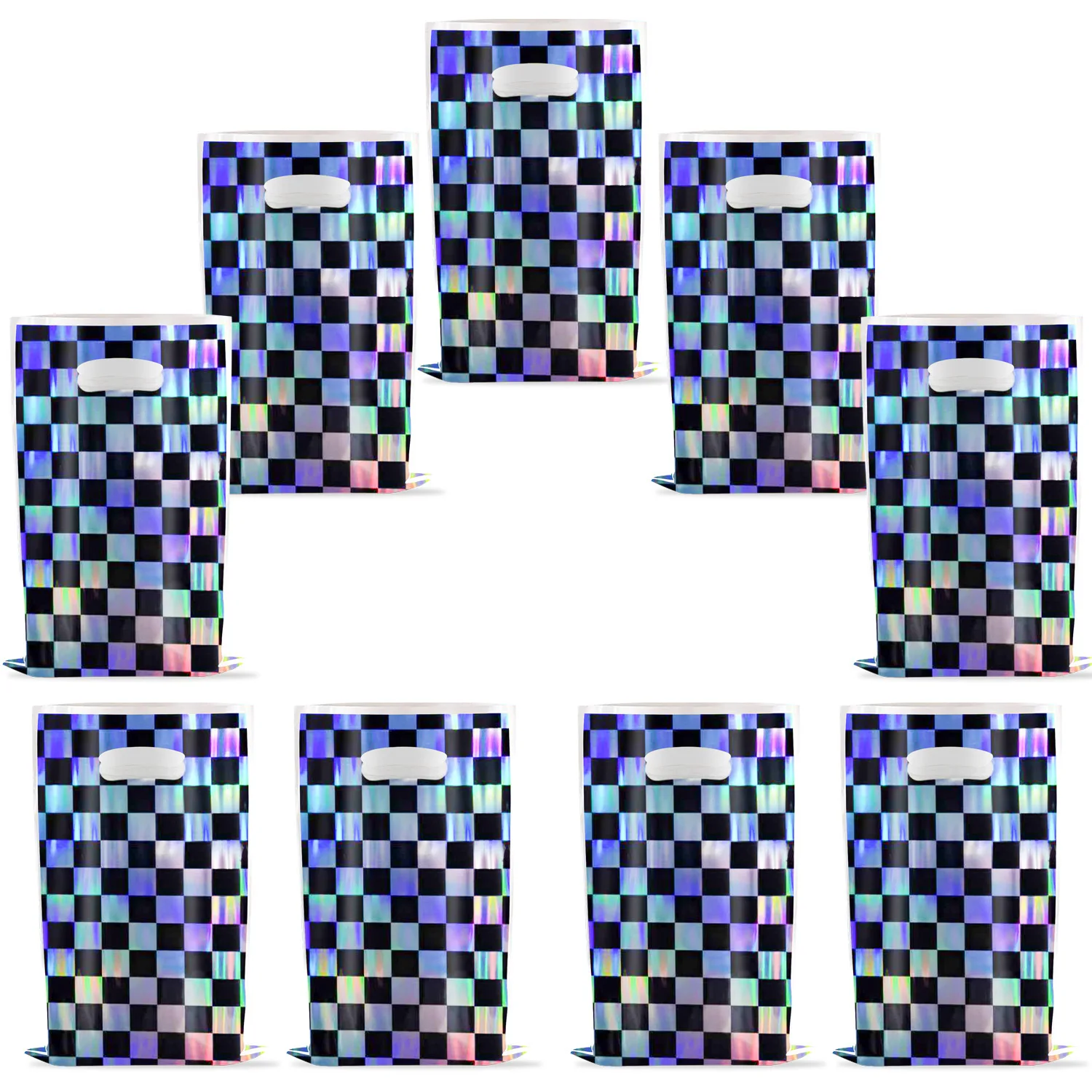 Race Car Party Favor Gift Bag Disco Shiny Iridescent Laser Candy Treat Bag Holographic Black and White Checker Goodie Loot Bag 2