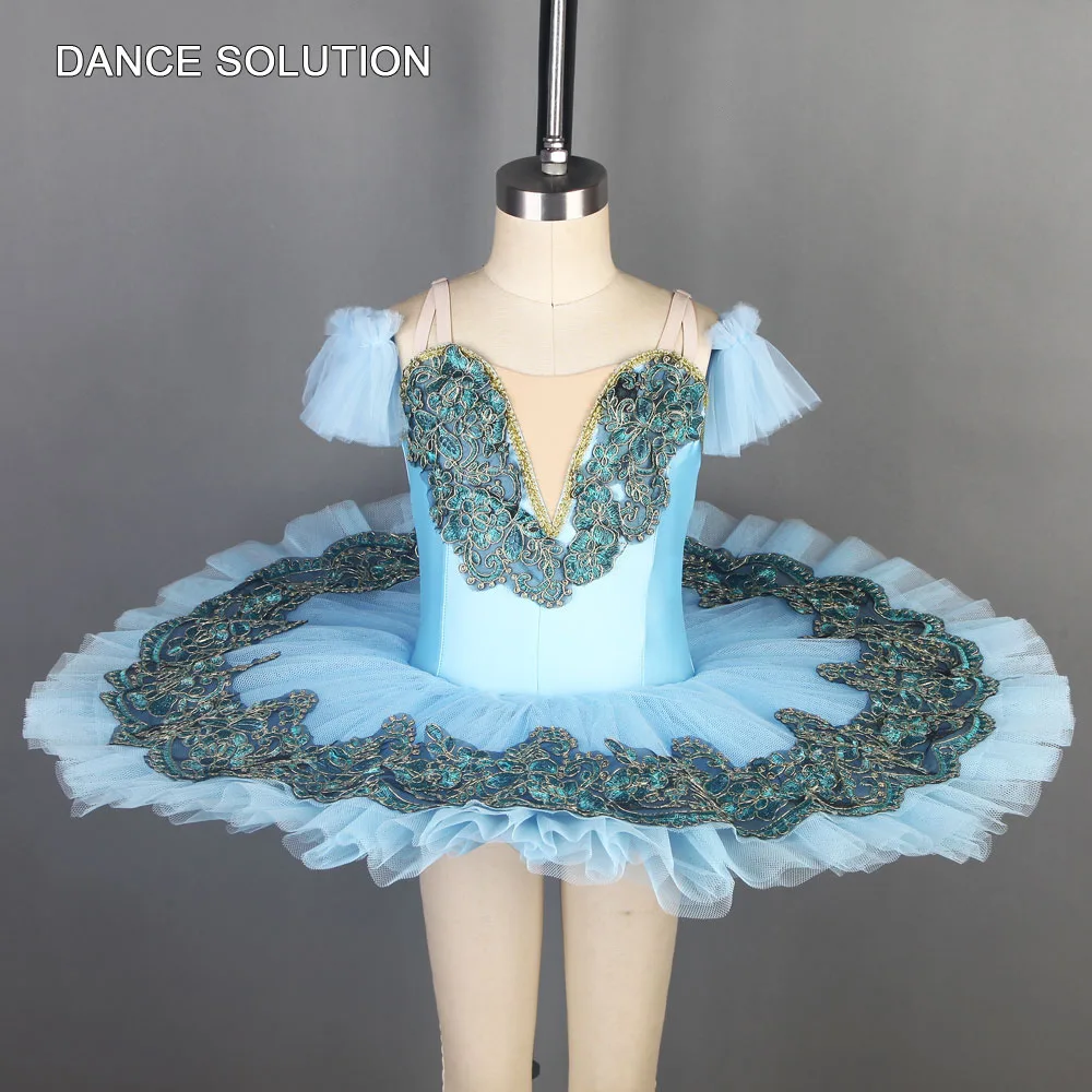 

Adult & Girls Professional Ballet Tutu Costume Sky Blue Spandex Bodice Pancake Tutus for Ballerina Performance Dancewear BLL113