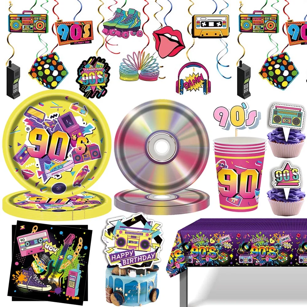 90er Jahre Retro Thema Party Dekor Einweggeschirr Teller Tassen Servietten Tischdecke Kuchen Topper Disco Musik Party Dekorationen