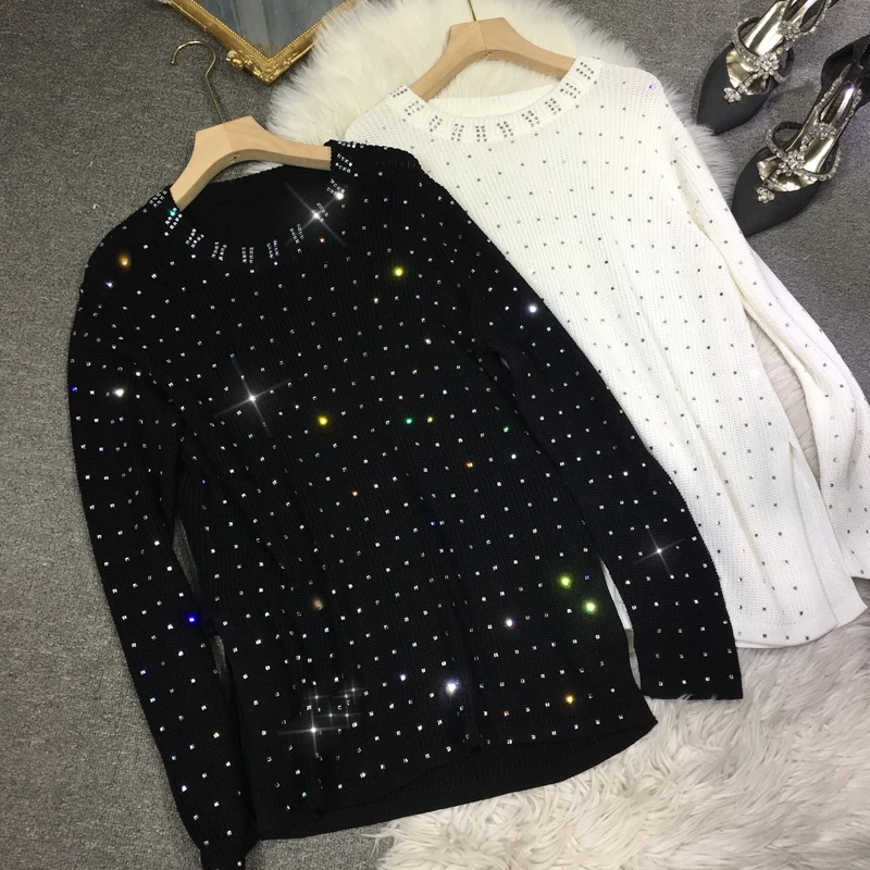 

Shiny Hot Drilling Women Sweaters New Spring Autumn Mid-long Loose Pullover Top Babysbreath Diamonds Long Sleeve Knitted Jumpers