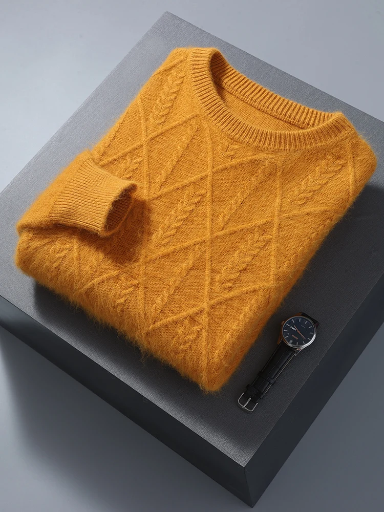 100% Mink Cashmere Autumn Winter Men O-Neck Sweater Cable Knitting Thick Pullover High Quality Smart Casual Cashmere Knitwear 3