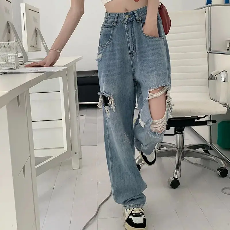 

20224 Summer spring new Korean style high-waisted slim loose straight ripped street beggar pants jeans for women trendy Pants