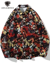 

Aolamegs Shirt Men Plant Leaves Floral Print Long Sleeve Shirts Tops Couple High Street All-match Spring Youthful Men's Clothing