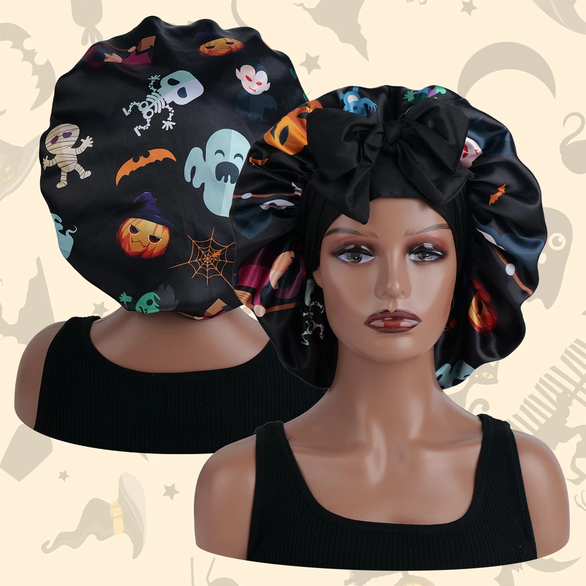 Gruselige Hexenhut-Mütze aus schwarzem Satin in Mitternachtsschwarz zum Schutz vor lockigem Haar. Stilvolles Schlaf- und Duschzubehör, perfekt für Halloween