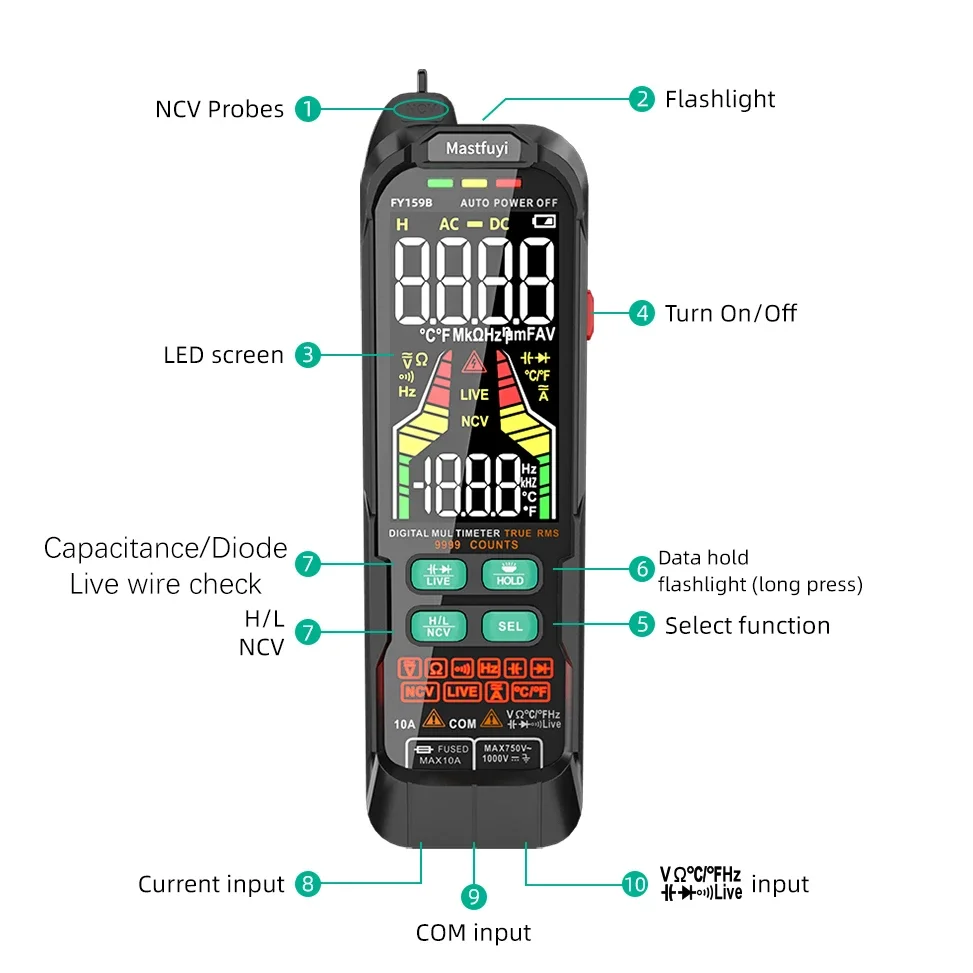 MASTFUYI 9999 Digital Multifunction Multimeter AC/DC 1000V 10A Really Effective Calculation Rechargeable Temperature Measurement 2