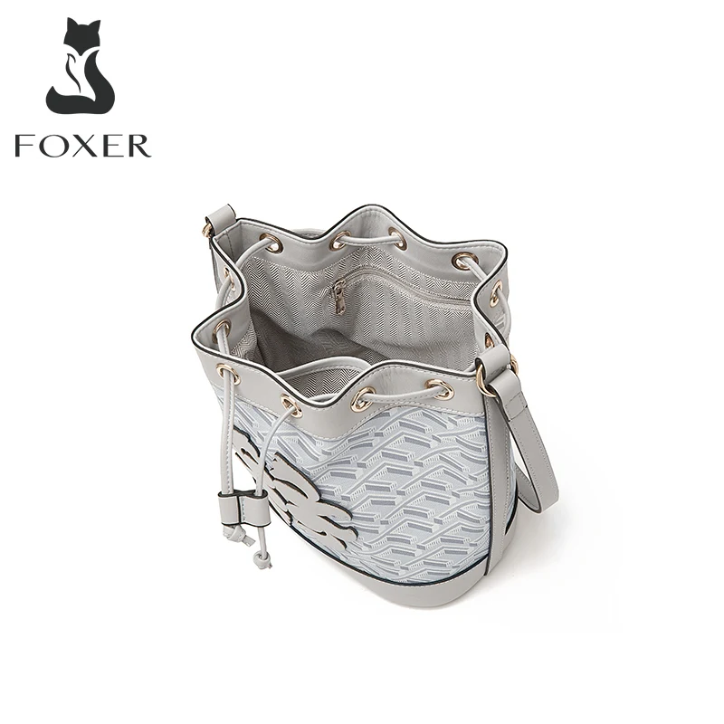 FOXER Brand Monogram Lady PU Leather Shoulder Bag Stylish Women's Versatile Bucket Crossbody Bag Female Drawstring Messenger Bag