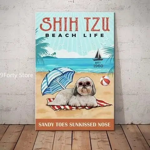 

Metal Sign Shih Tzu Dog Beach Life Vintage Kitchen Signs Wall Decor Aluminum Signs for Home Bars Restaurants Cafes Cave