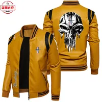 Contrast color leather jacket Ford Mustang car logo retro washed pu leather jacket windproof men's autumn and winter warm velvet 2