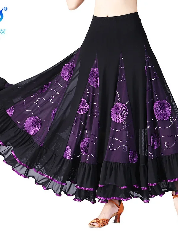 

Social Dance Long Skirt Large Swing Skirt Modern Dance Competition Dress Performance Dress Half Skirt Sequin Flower Square Dance