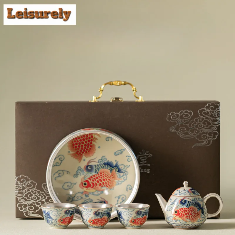 Gilt Silver Dragon Fish Tea Set Complete Set Traditional Tea Ceremony Set Tea Maker Teapot and Tea Cup Set Tableware Ornaments