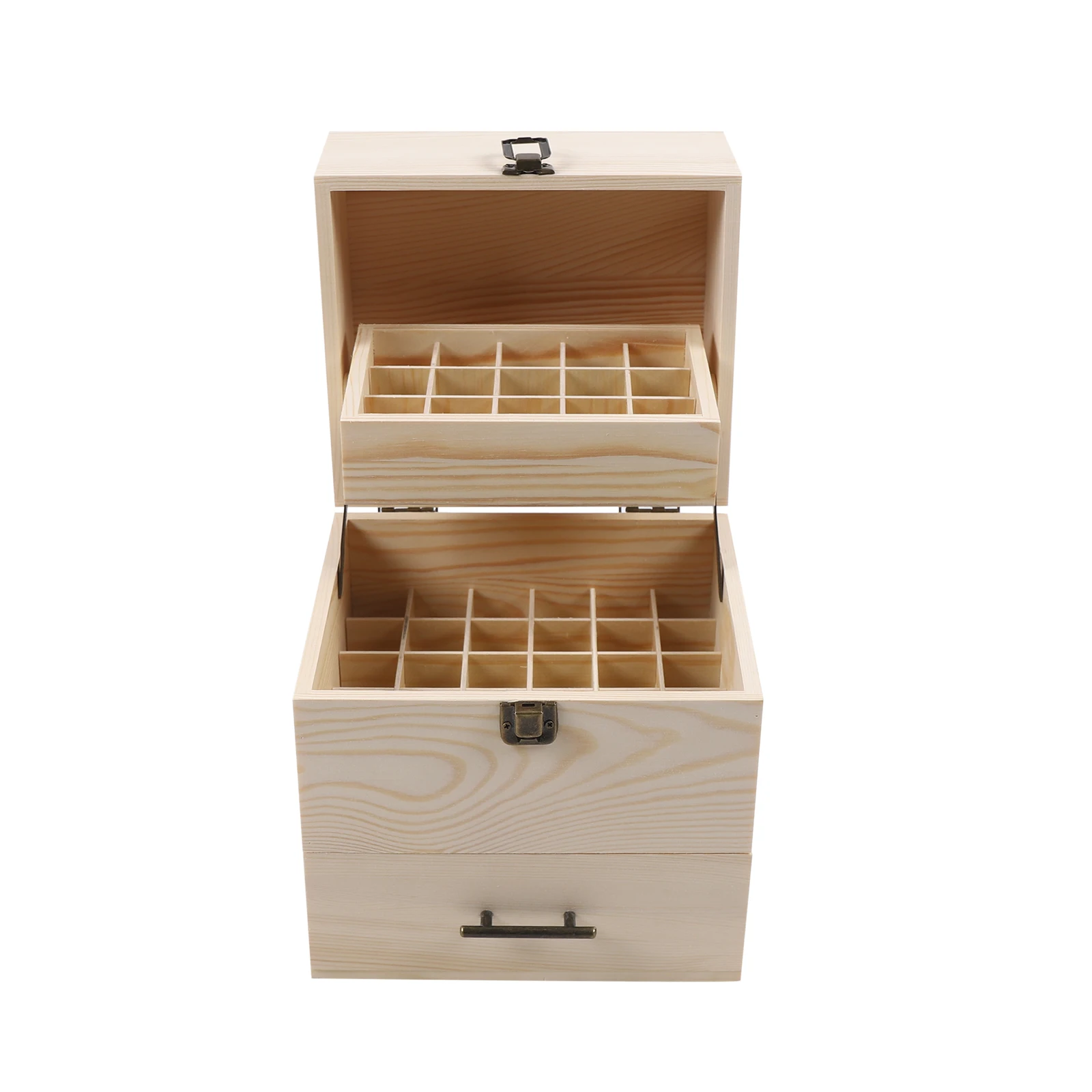 Pine Wood Essential Oil Storage Organizer Three-Tier Design with Drawer and Trays for Essential Oils and Roller Bottles 5