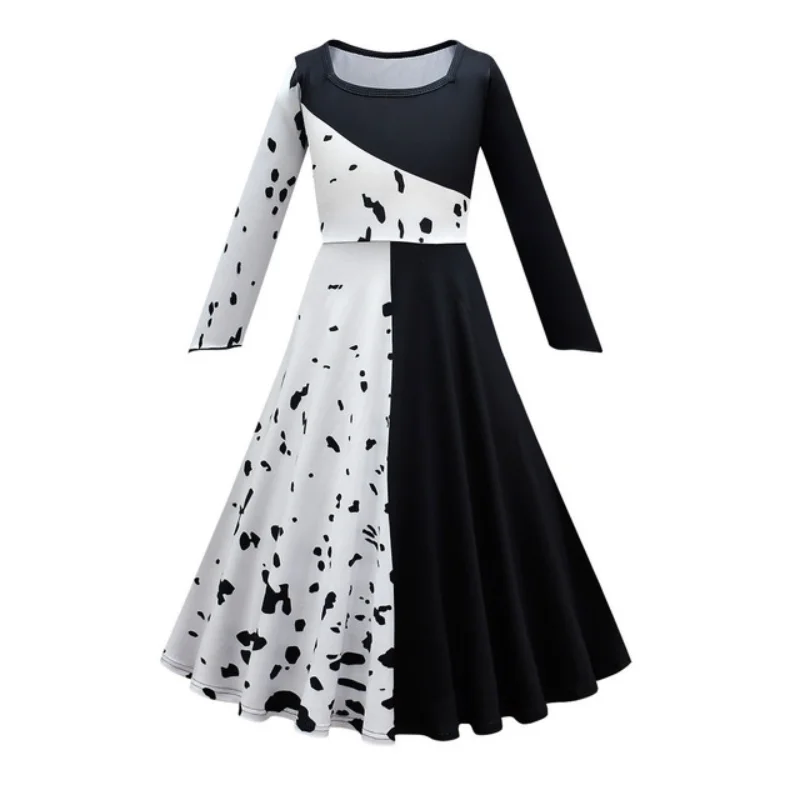 Cosplay Costume Halloween Child Cruella Masquerade Party Girls Black White Long Dress with Cape Carnival Wig Lace Mask
