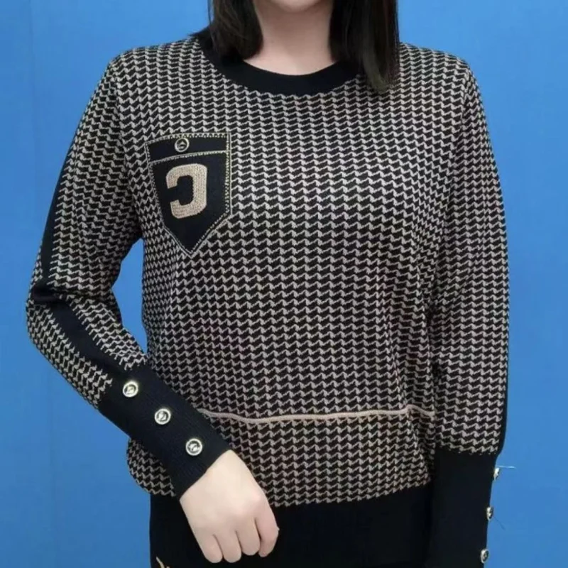 Oversize Versatile Commuter Women's Clothing Autumn and Winter New Stripe Printed Round Neck Long Sleeve Temperament Pullover