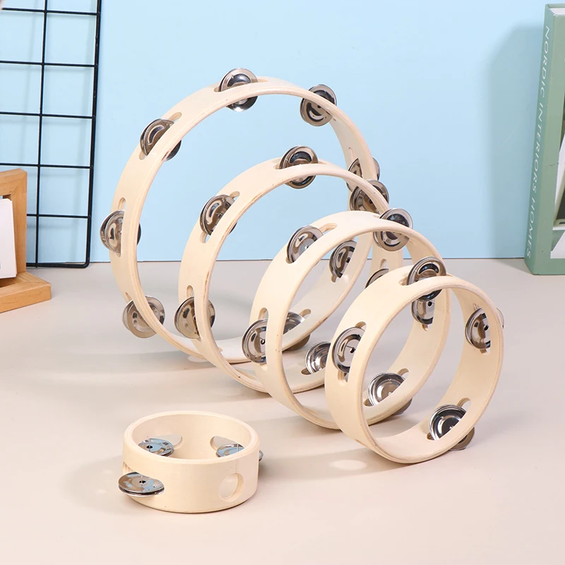 4/6/7/8/10Inch Hand Drums Toys Education Orff Musical Instrument Tambourine Hand Cranked Bell Single Row Wooden Tambourine Rings