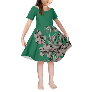 2023 Summer 4-14 Girl Dress Polynesia Tribe Hibiscus Printing Fashion Dresses O Collar Short Sleeve Comfort able Pompous Skirt