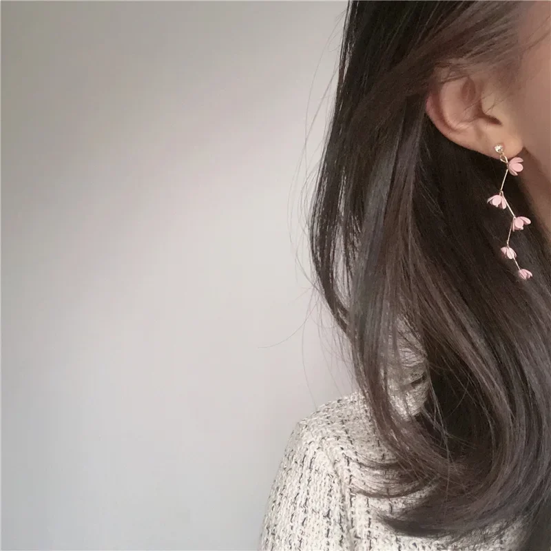 Dangle Earrings Bohemian Long Tassel Pink Flowers Rhinestone Earrings For Women