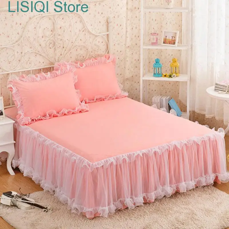 

Elastic Fitted Sheet Kawaii Set Linen Skirt Home Bedsheet Cotton Queen Bedding Mattress Pad Bedsheets Luxury Girl Room Lace Bed