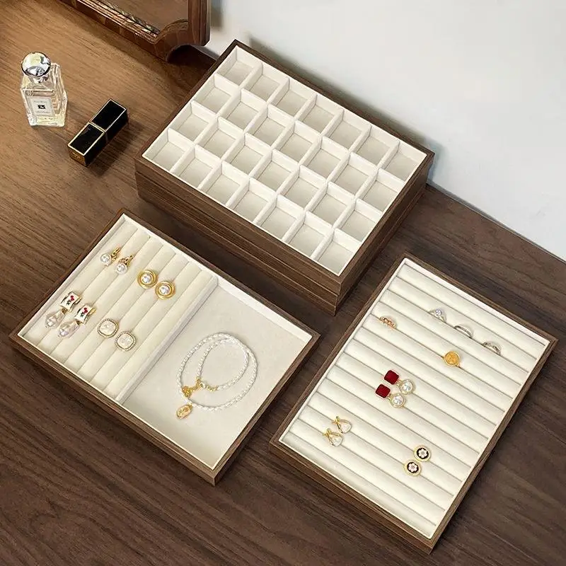 Elegant Walnut Wood Grain Jewelry Display Tray - Retro-Style Storage for Earrings, Rings, Necklaces, and Pendants