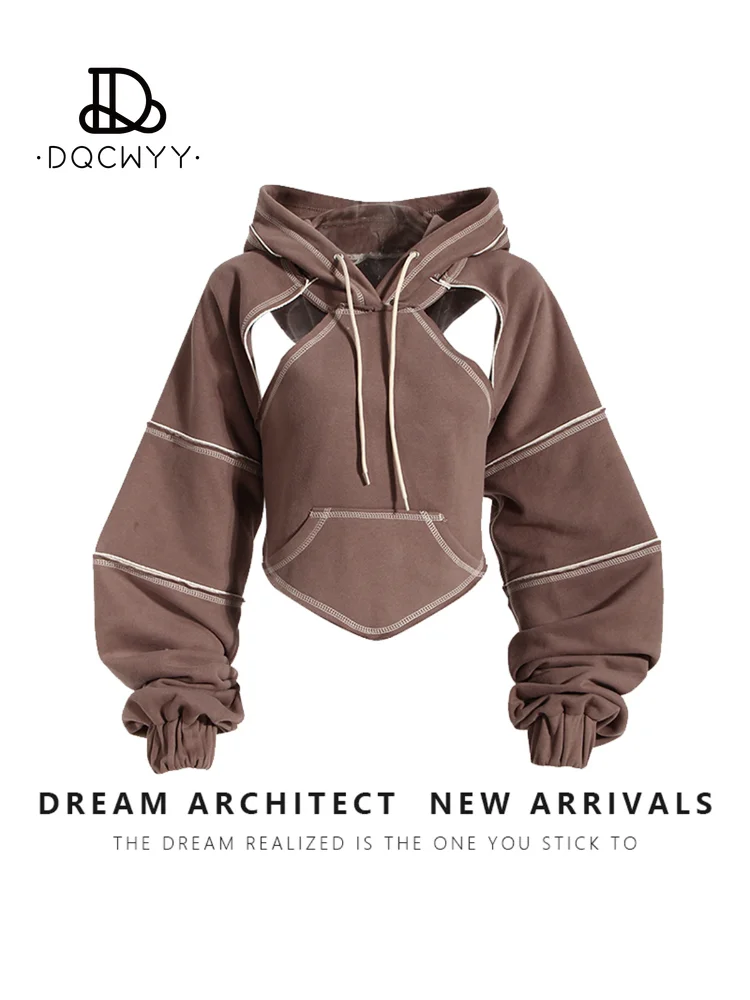 

Short Hooded Sweatshirt for Women New In Spring/autumn Y2k Layered Hoodie with Contrasting Bright Lines Hiphop Long Sleeved Top