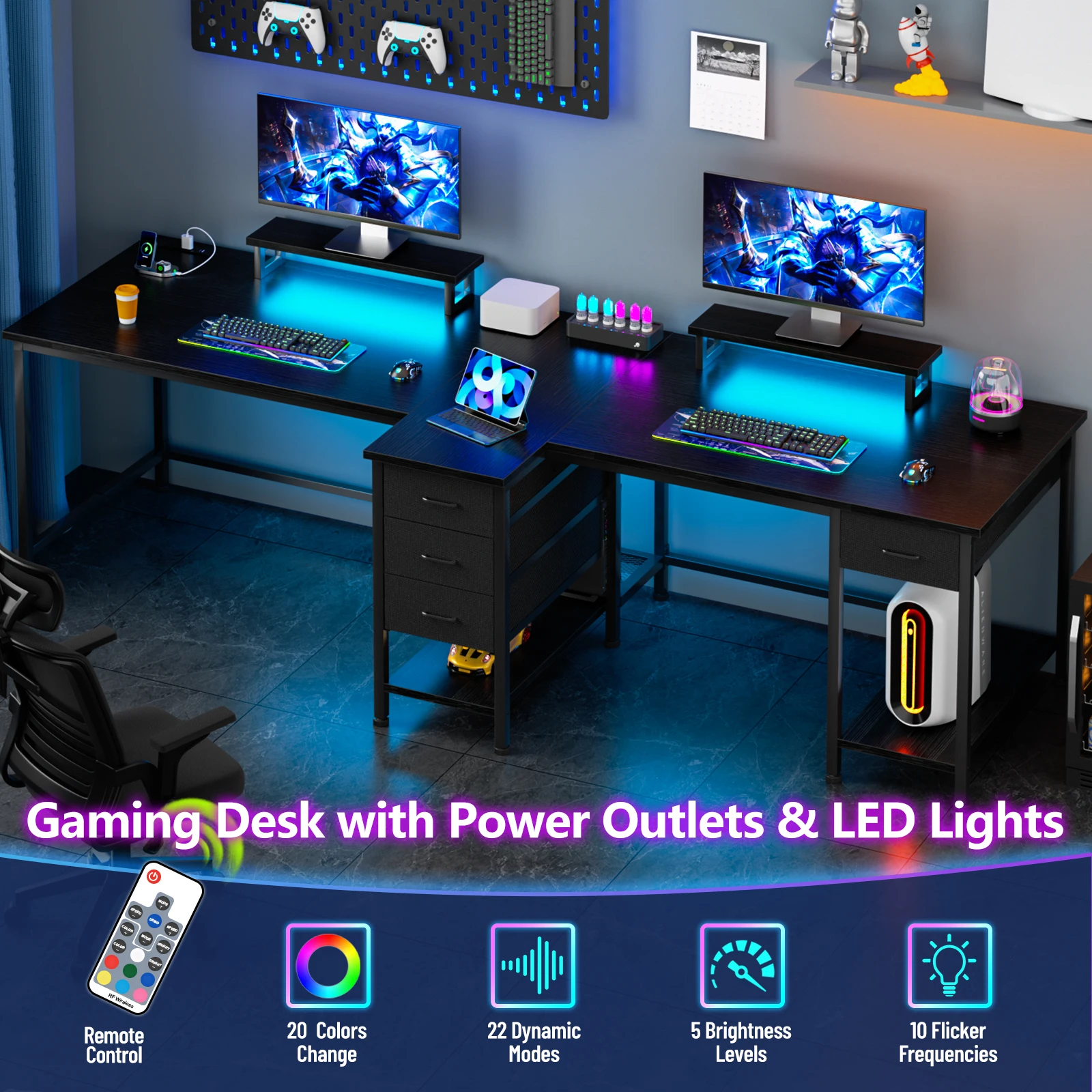 Satifur 93 inch 2-person Office Desk with Power Sockets and LED Lights,61in Computer Desk,Home Work Desk,Monitor Stands, Drawers 2