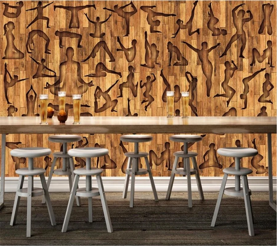 Carta Da Parati Personalizzata 3D Murale Papel De Parede Fitness Sport Yoga Club Tavola Di Legno Lavorazione Del Legno Papier Peint Divano Sfondo Cart